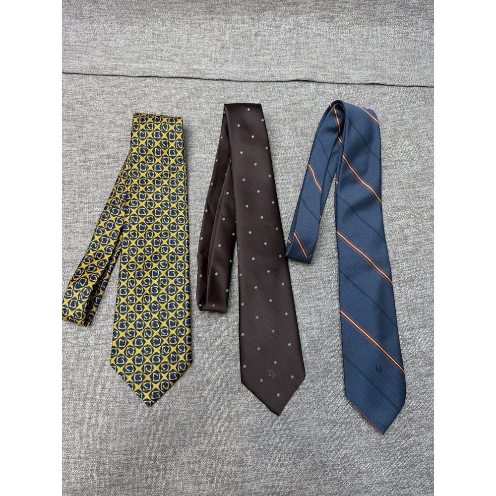 3 Christian Dior Mens Tie Lot Bulk Yellow Blue Brown Logo